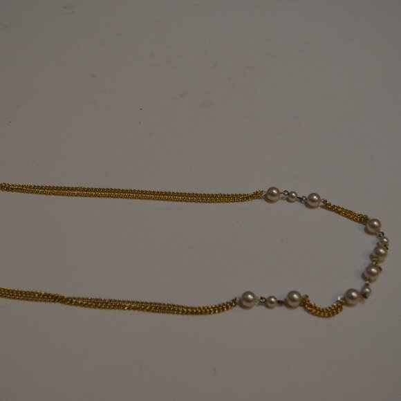 Necklace Two Lanes Golden Tone Chain Faux White Pearl Beads linked Length-11.5' - Picture 2 of 4